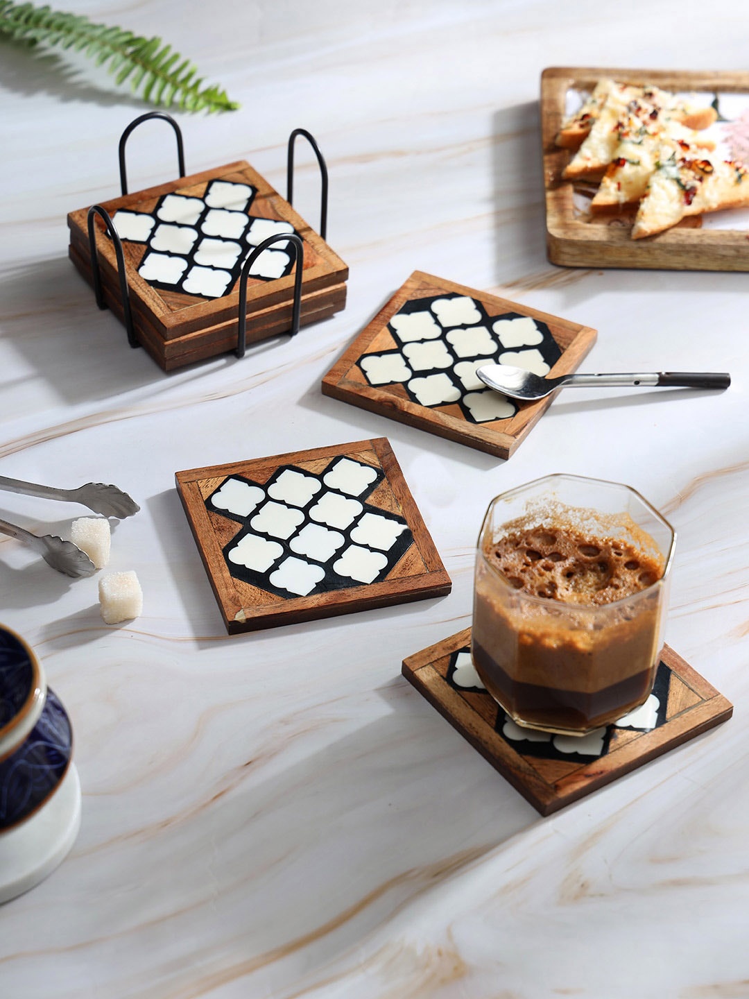 

DULI Brown & White 6 Pieces Wooden Printed Coasters