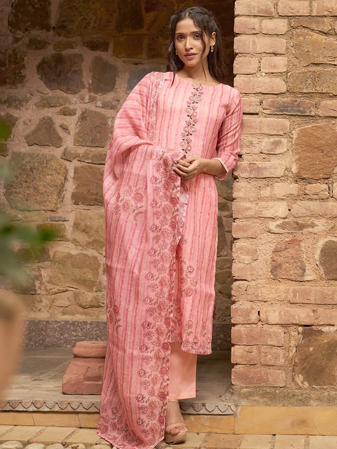 

Libas Pink Floral Embroidered Straight Thread Work Kurta With Trousers & Dupatta