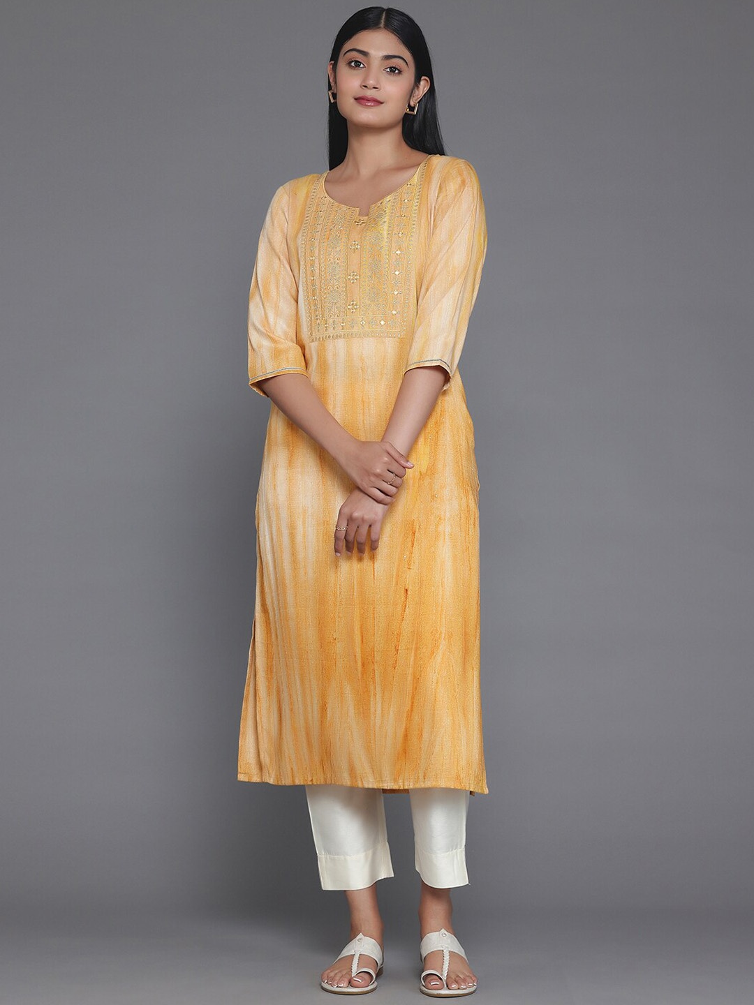 

Libas Striped Round Neck Three-Quarter Sleeves Cotton Kurta, Yellow