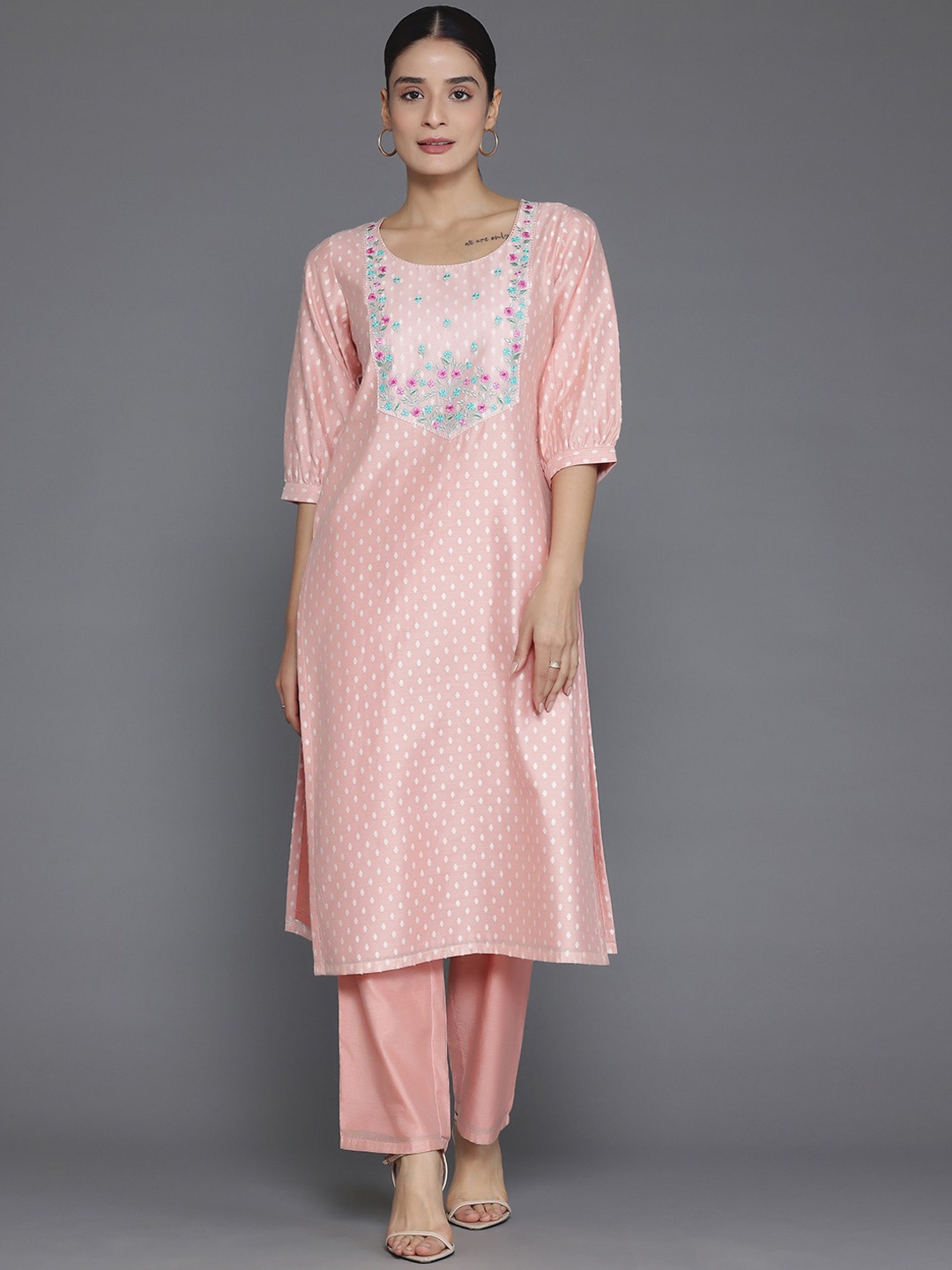 

Libas Peach Floral Woven Design Gotta Patti Chanderi Silk Straight Kurta With Trouser