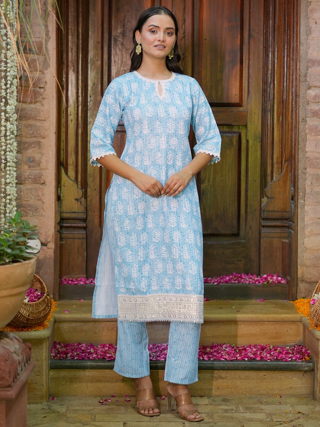 

Libas Blue Floral Printed Round Neck Sequinned Straight Kurta with Trousers