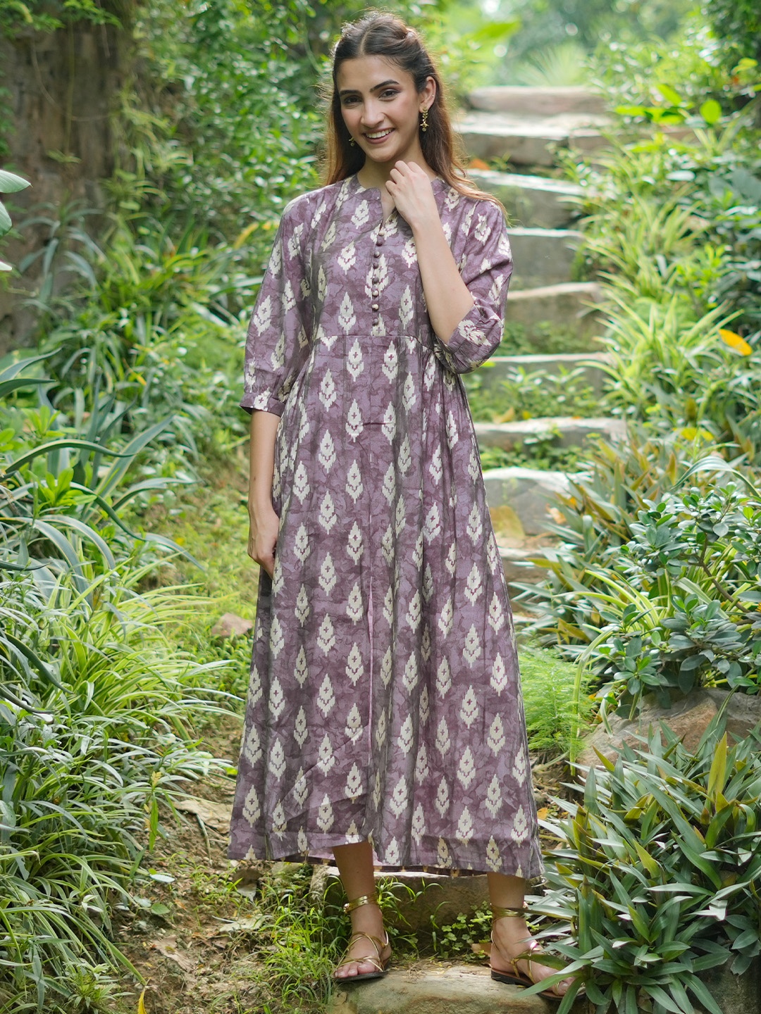 

Libas Ethnic Motifs Printed Silk A-Line Midi Dress, Mauve