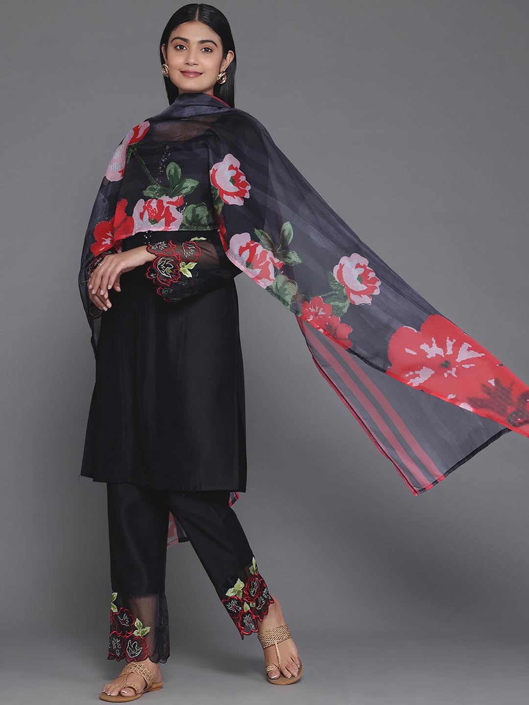 

Libas Embroidered Beads and Stones Kurta with Trousers & Dupatta, Black