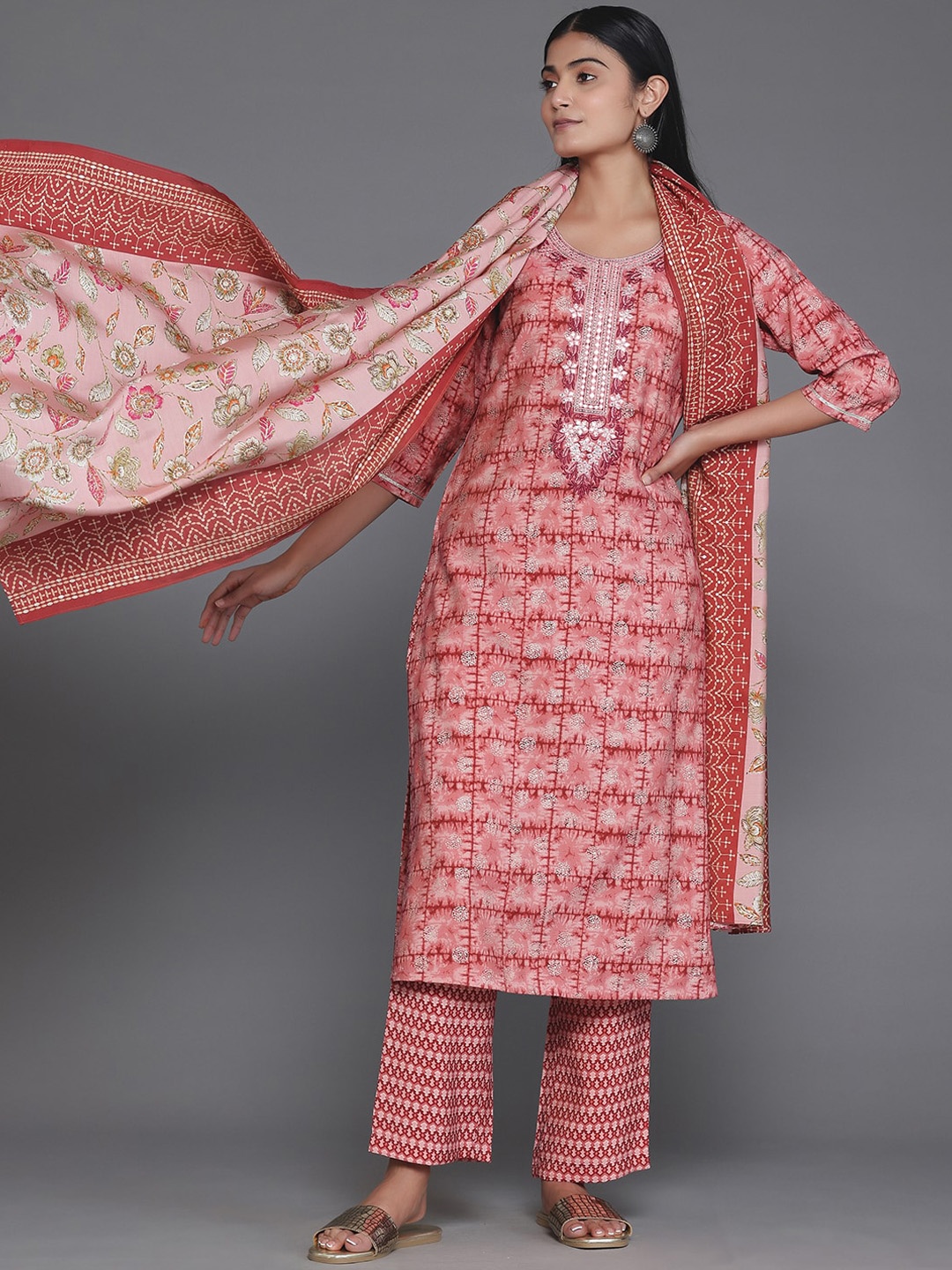

Libas Maroon Ethnic Motifs Printed Mirror Work Straight Kurta With Palazzos & Dupatta