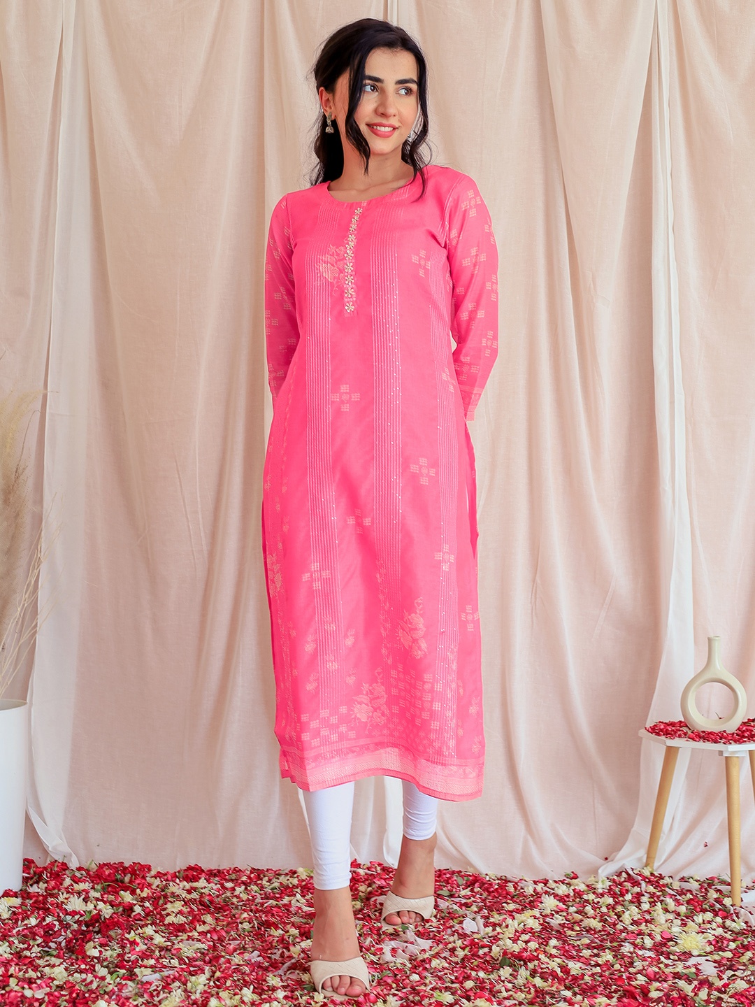 

Libas Floral Printed Thread Work Chanderi Silk Straight Kurta, Pink