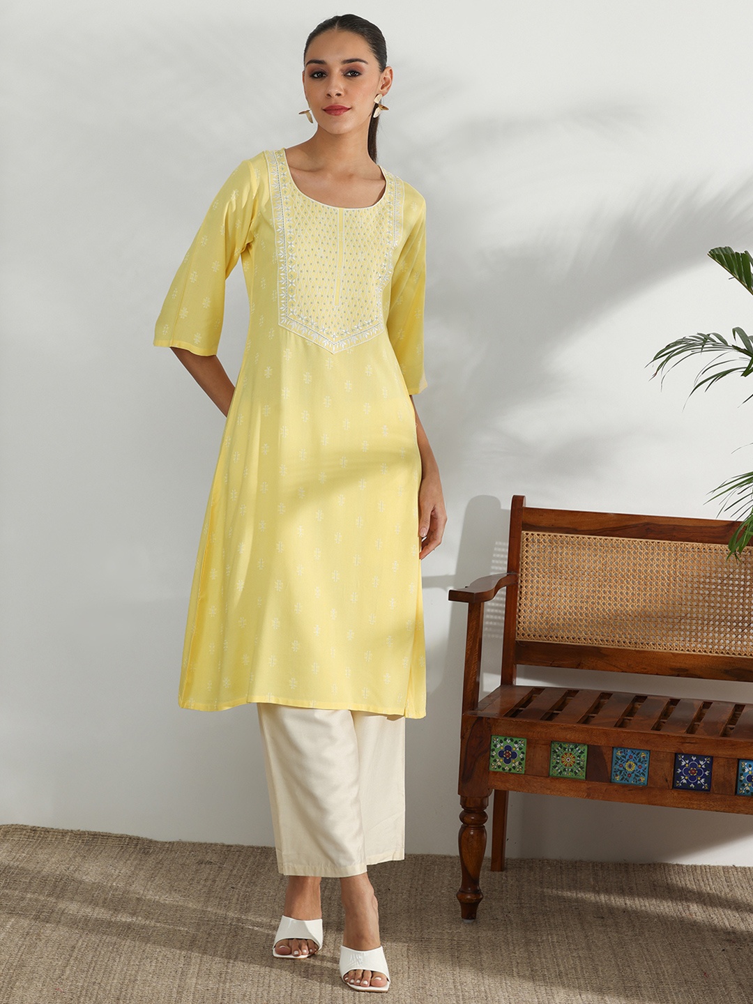 

Libas Floral Embroidered Jacquard Kurta, Yellow