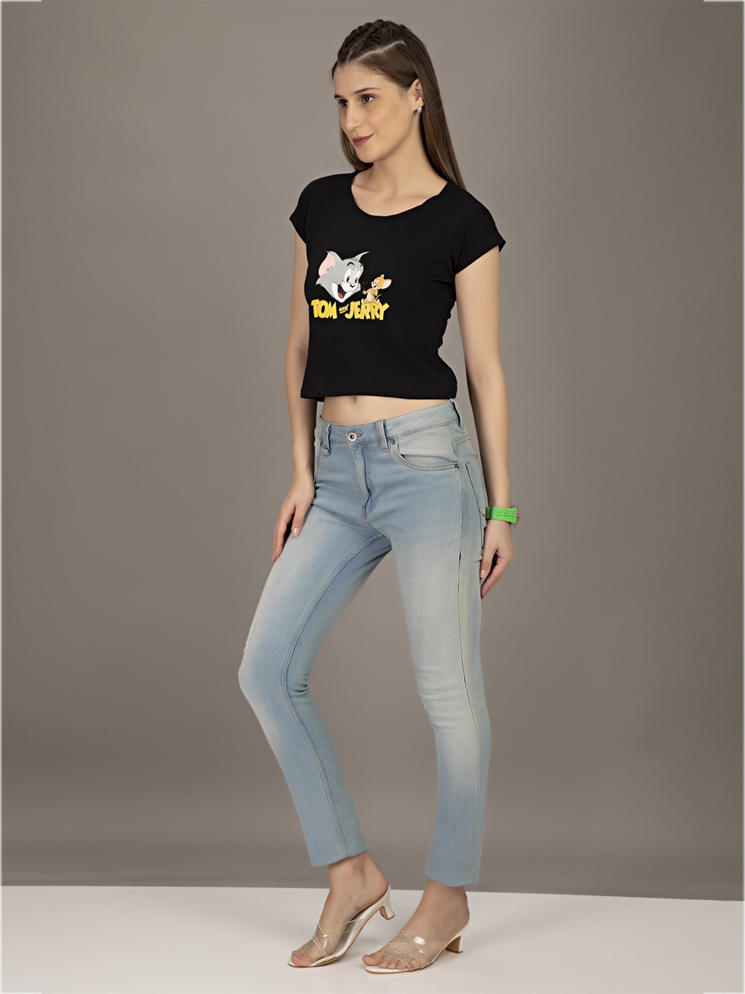 

STHULAS Tom & Jerry Printed Pure Cotton Crop T-shirt, Black