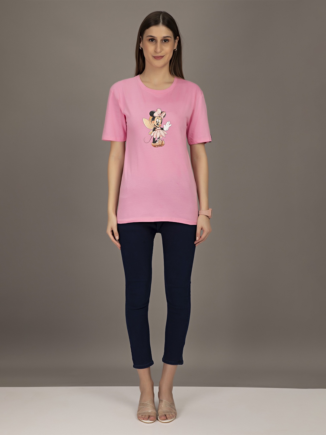 

STHULAS Round Neck Minnie Mouse Printed Cotton T-shirt, Pink