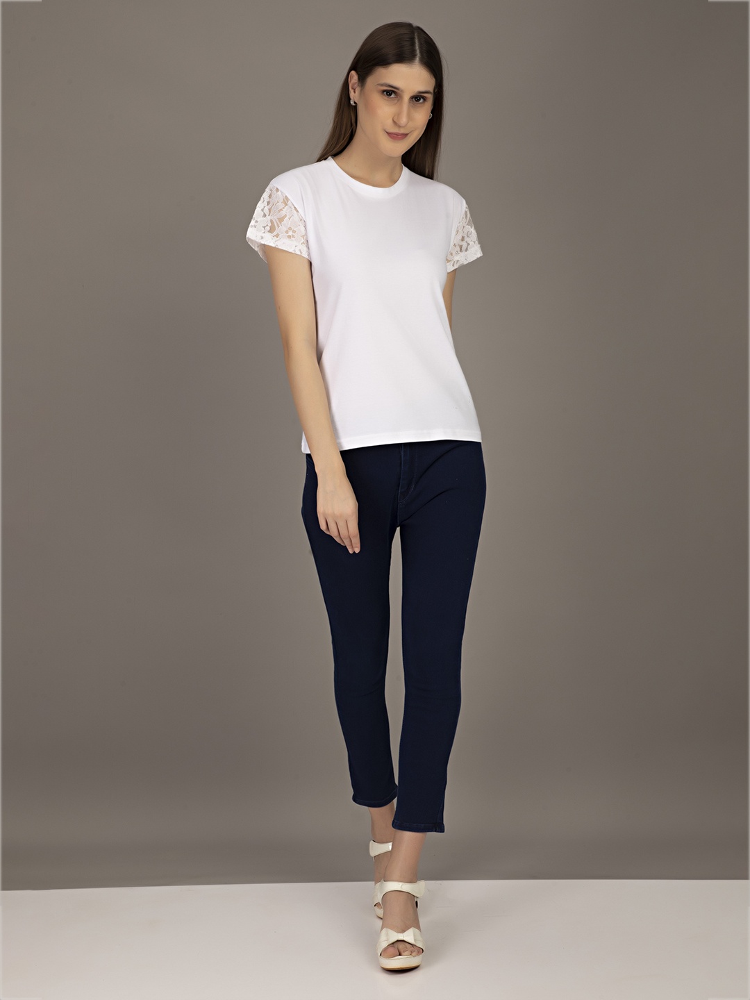 

STHULAS Round Neck Short Net Sleeves Cotton Top, White