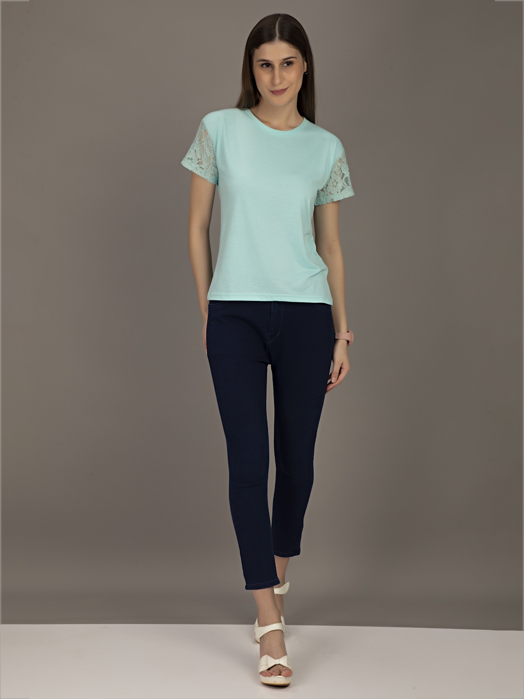 

STHULAS Round Neck Short Net Sleeves Cotton Top, Blue