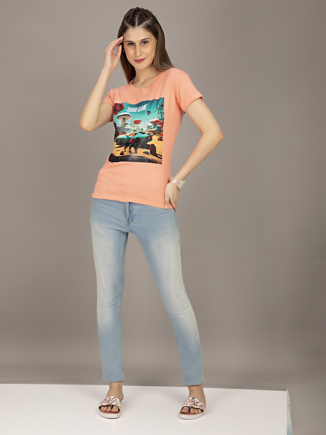 

STHULAS Squid Game Printed Round Neck Pure Cotton T-Shirt, Peach