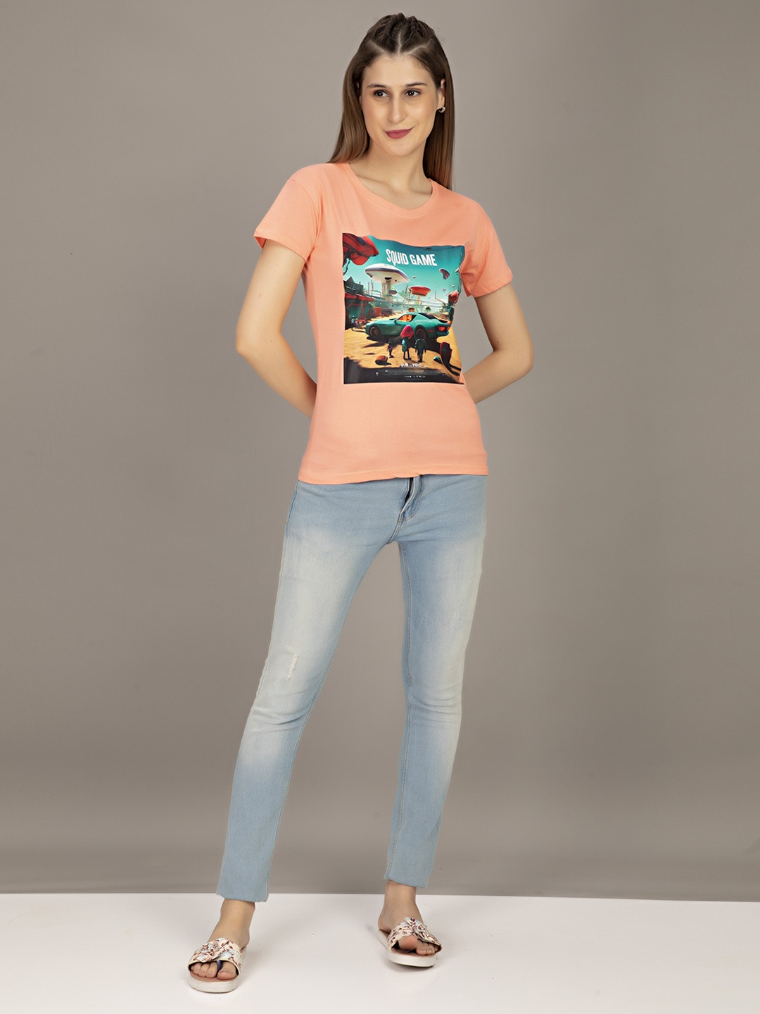 

STHULAS Squid Game Printed Round Neck Pure Cotton T-Shirt, Peach