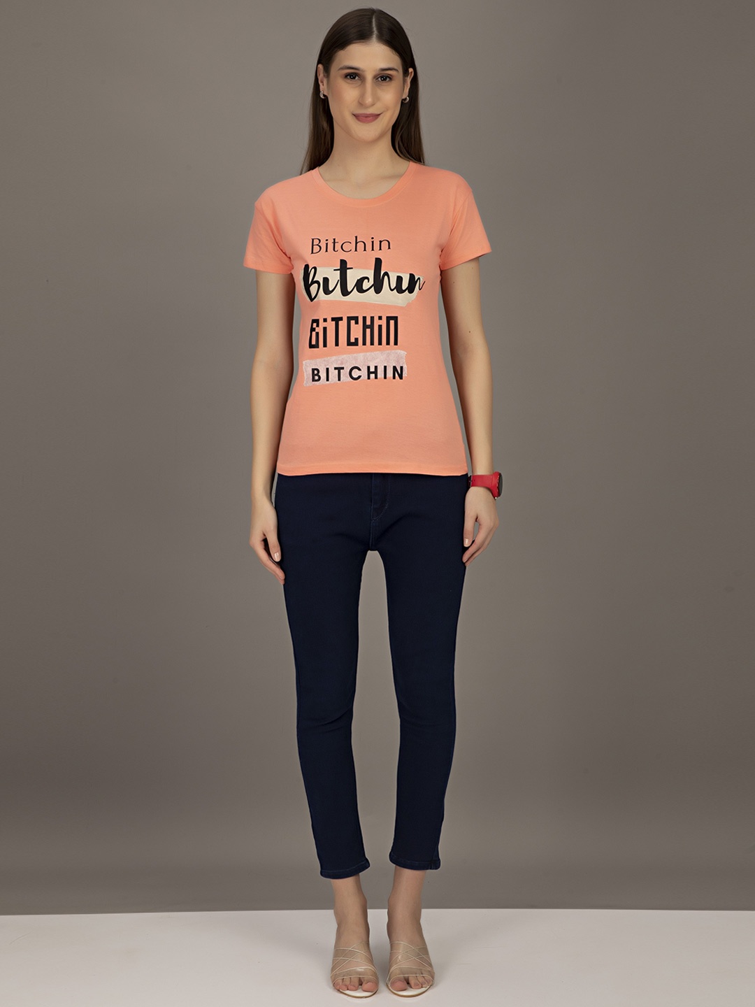 

STHULAS Typography Printed Pure Cotton T-Shirt, Peach