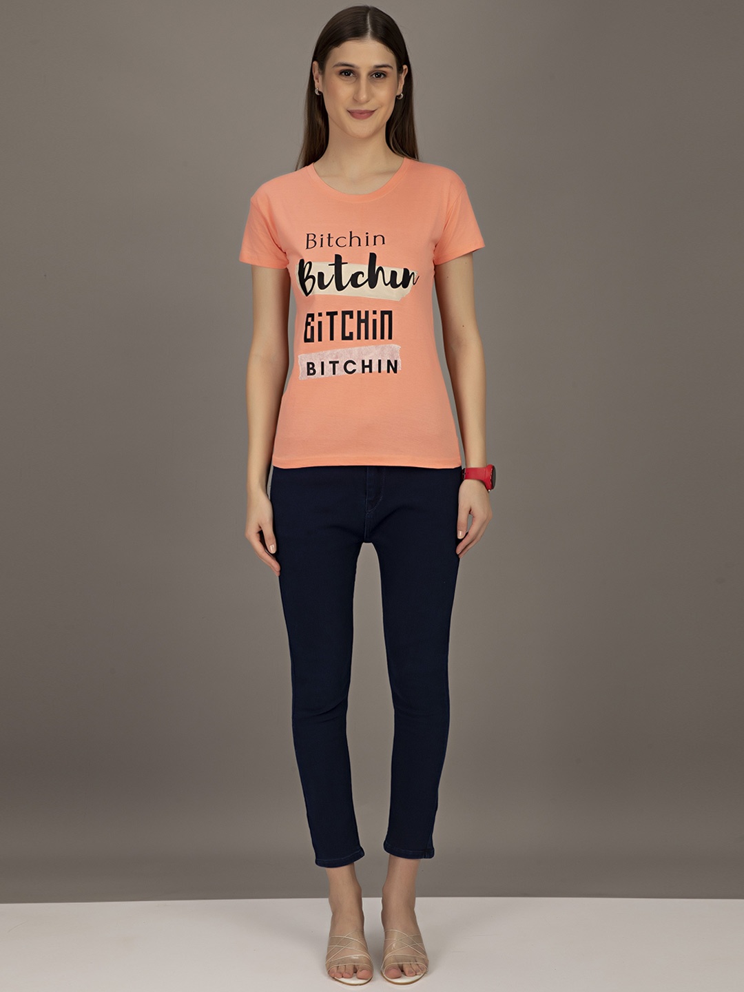 

STHULAS Typography Printed Pure Cotton T-Shirt, Peach