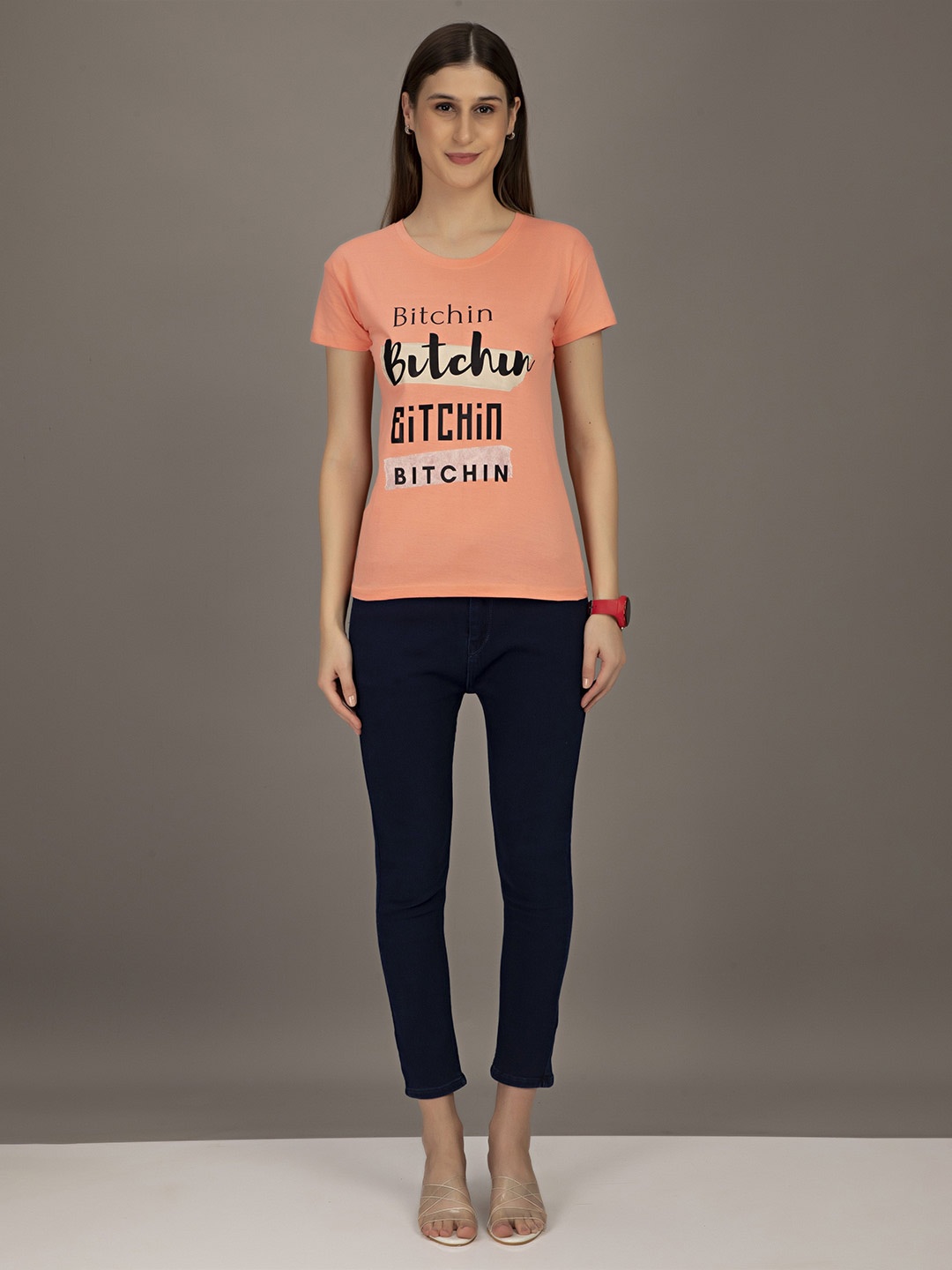 

STHULAS Typography Printed Round Neck Pure Cotton T-shirt, Peach