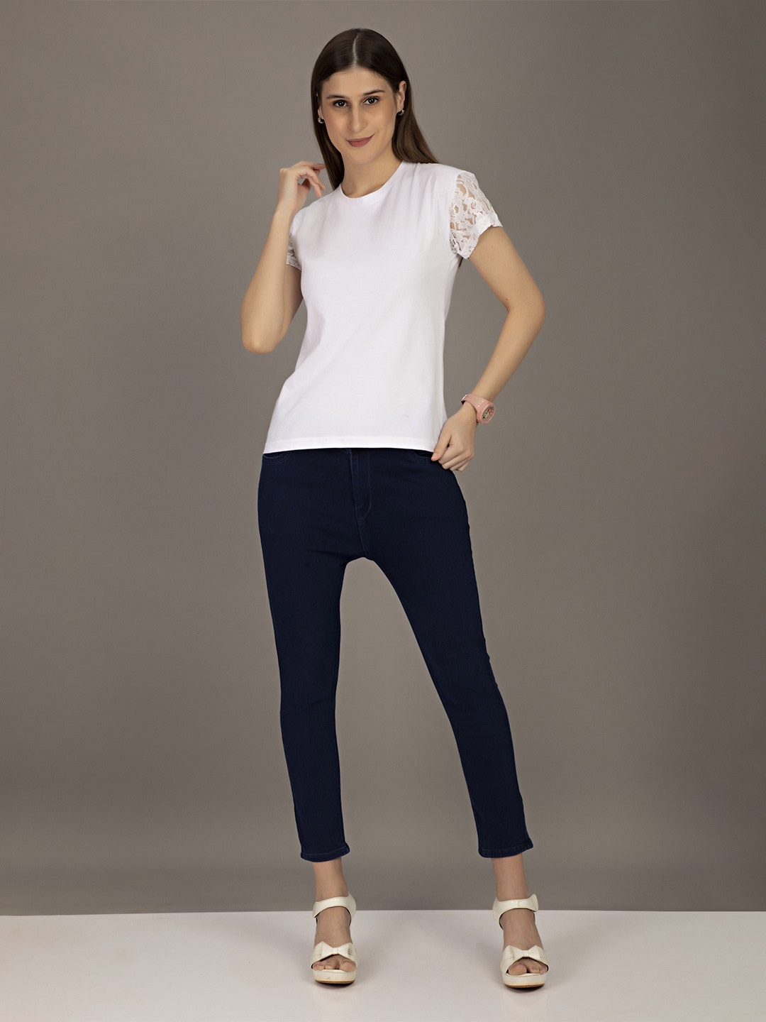 

STHULAS Round Neck Pure Cotton Round Neck Top, White
