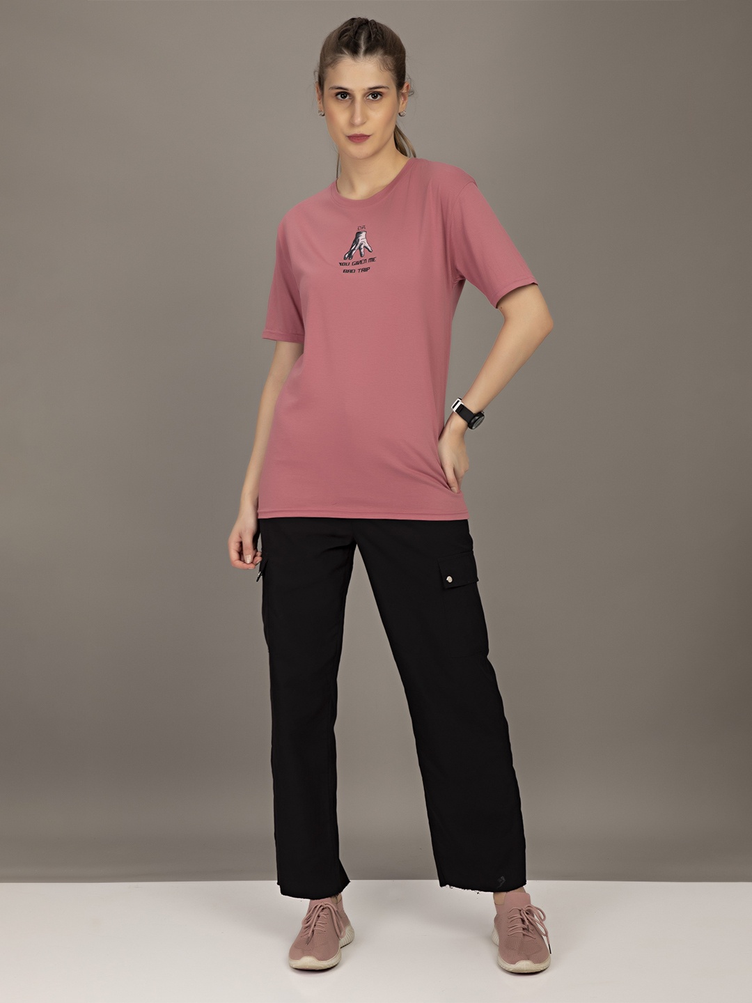 

STHULAS Typography Printed Round Neck Pure Cotton T-shirt, Pink