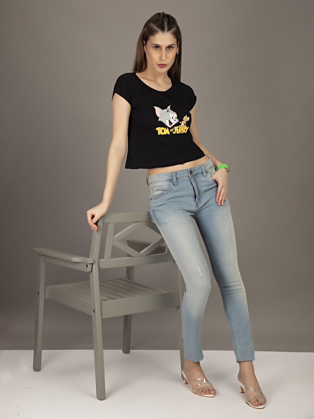 

STHULAS Tom & Jerry Printed Pure Cotton Crop T-shirt, Black