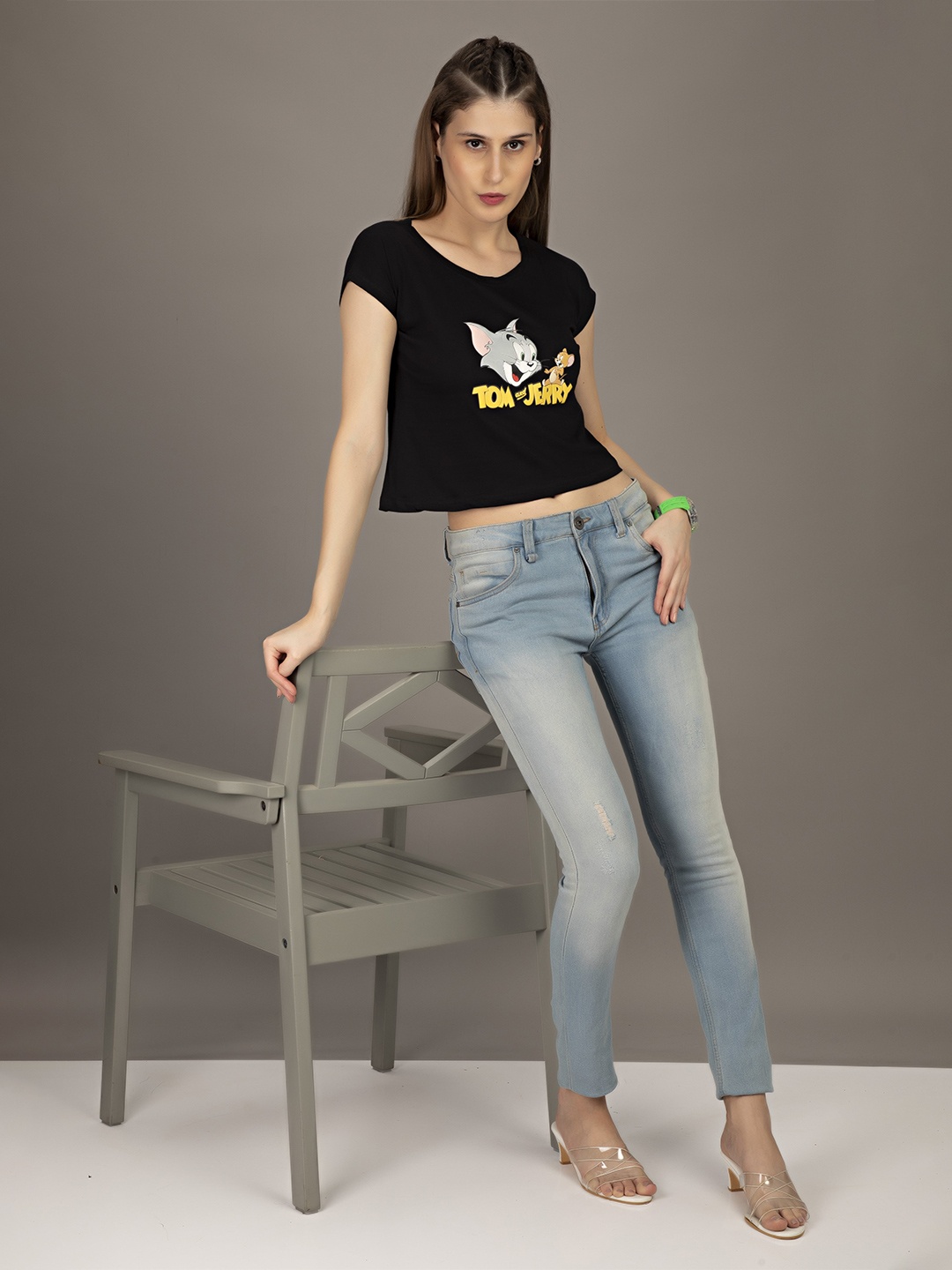 

STHULAS Tom & Jerry Cartoon Printed Round Neck Pure Cotton Crop T-shirt, Black