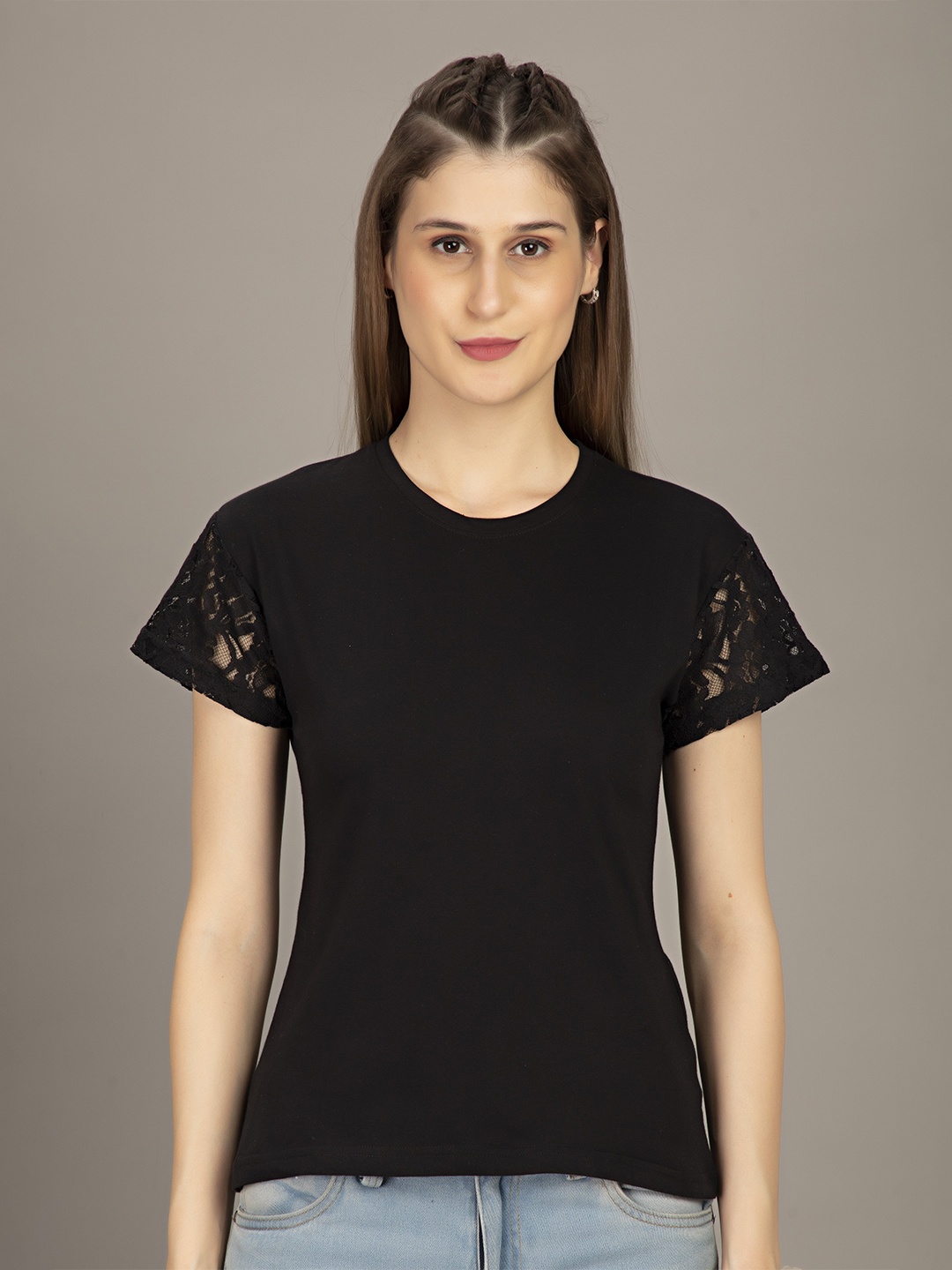 

STHULAS Round Neck Net Sleeves Cotton Top, Black