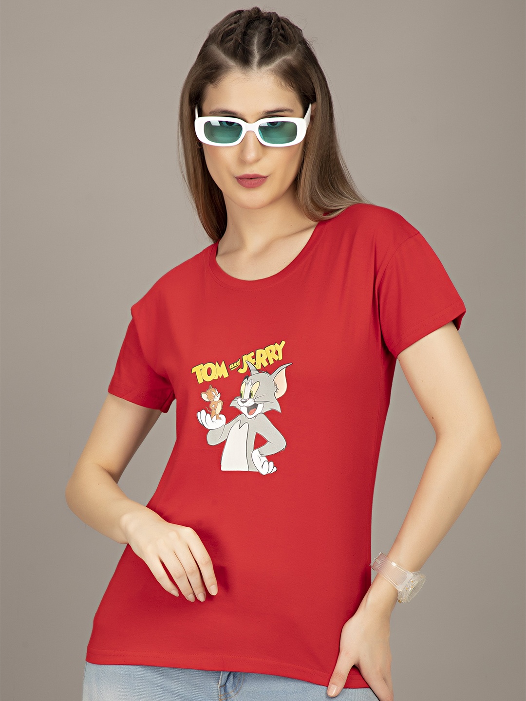 

STHULAS Tom & Jerry Character Printed Round Neck Pure Cotton T-shirt, Red