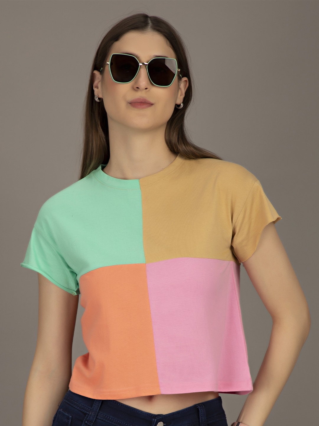 

STHULAS Colourblocked Round Neck Pure Cotton Crop Top, Pink