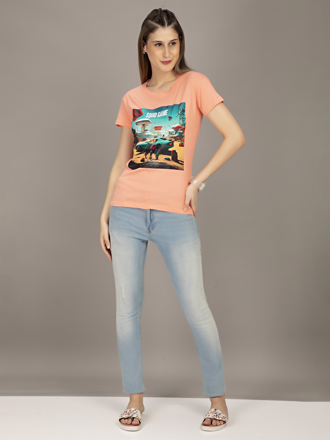 

STHULAS Graphic Printed Round Neck Pure Cotton T-Shirt, Peach
