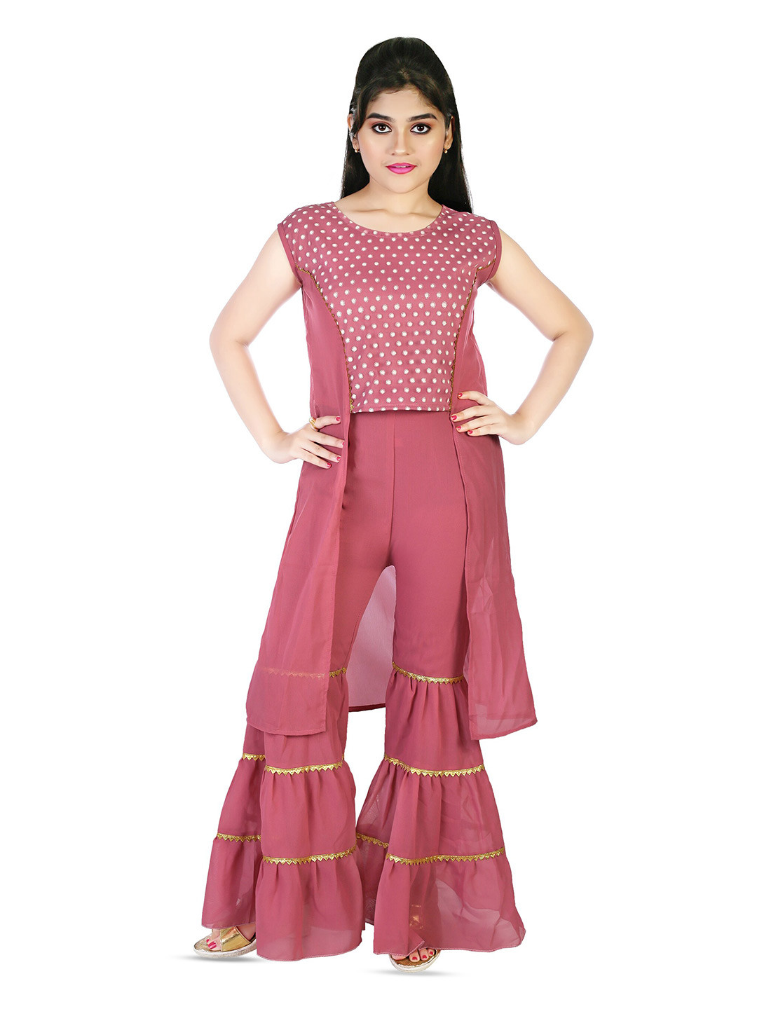 

BAESD Girls Embellished Round Neck Sleeveless Top with Palazzos, Maroon