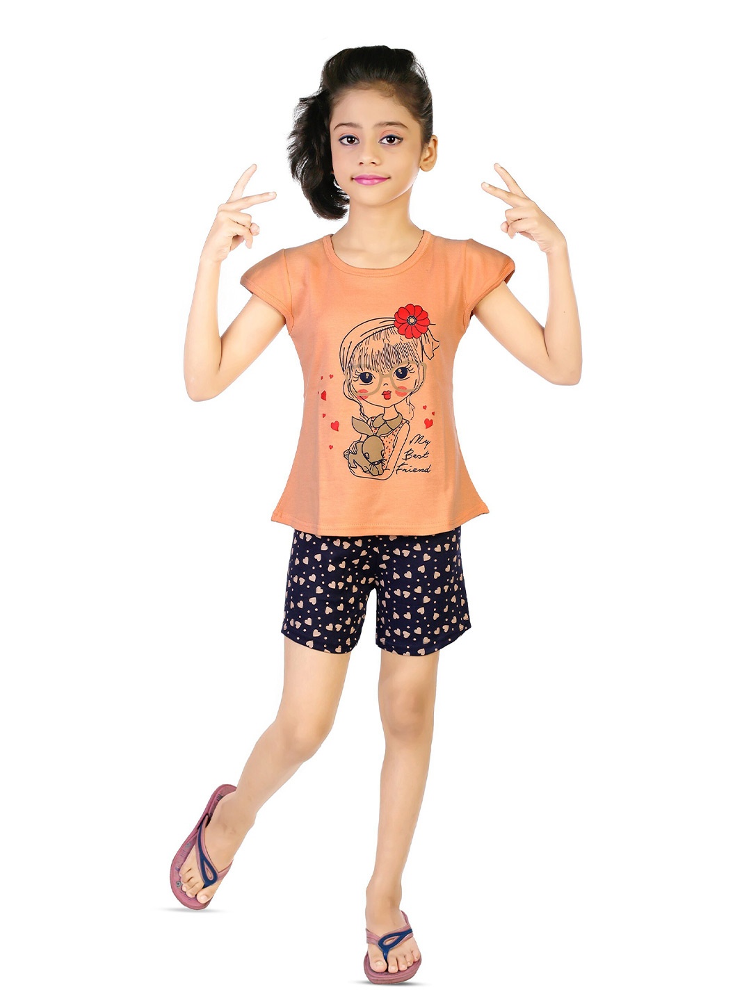 

BAESD Girls Printed Round Neck Short Sleeves T-shirt with Shorts, Peach