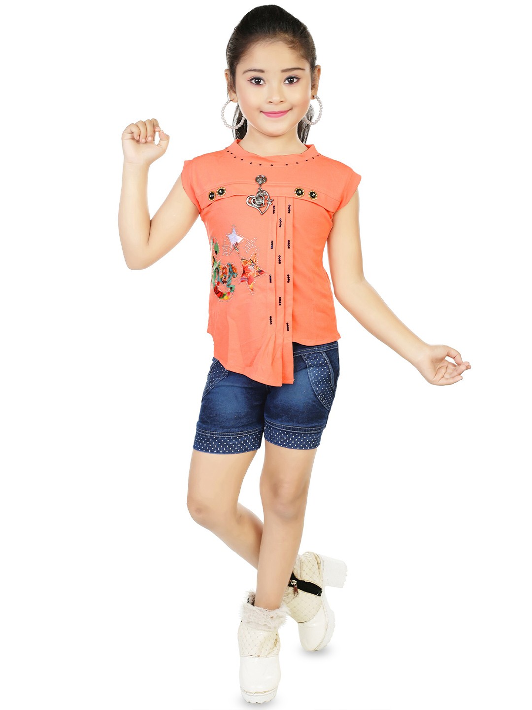 

BAESD Girls Printed Top With Denim Shorts, Orange