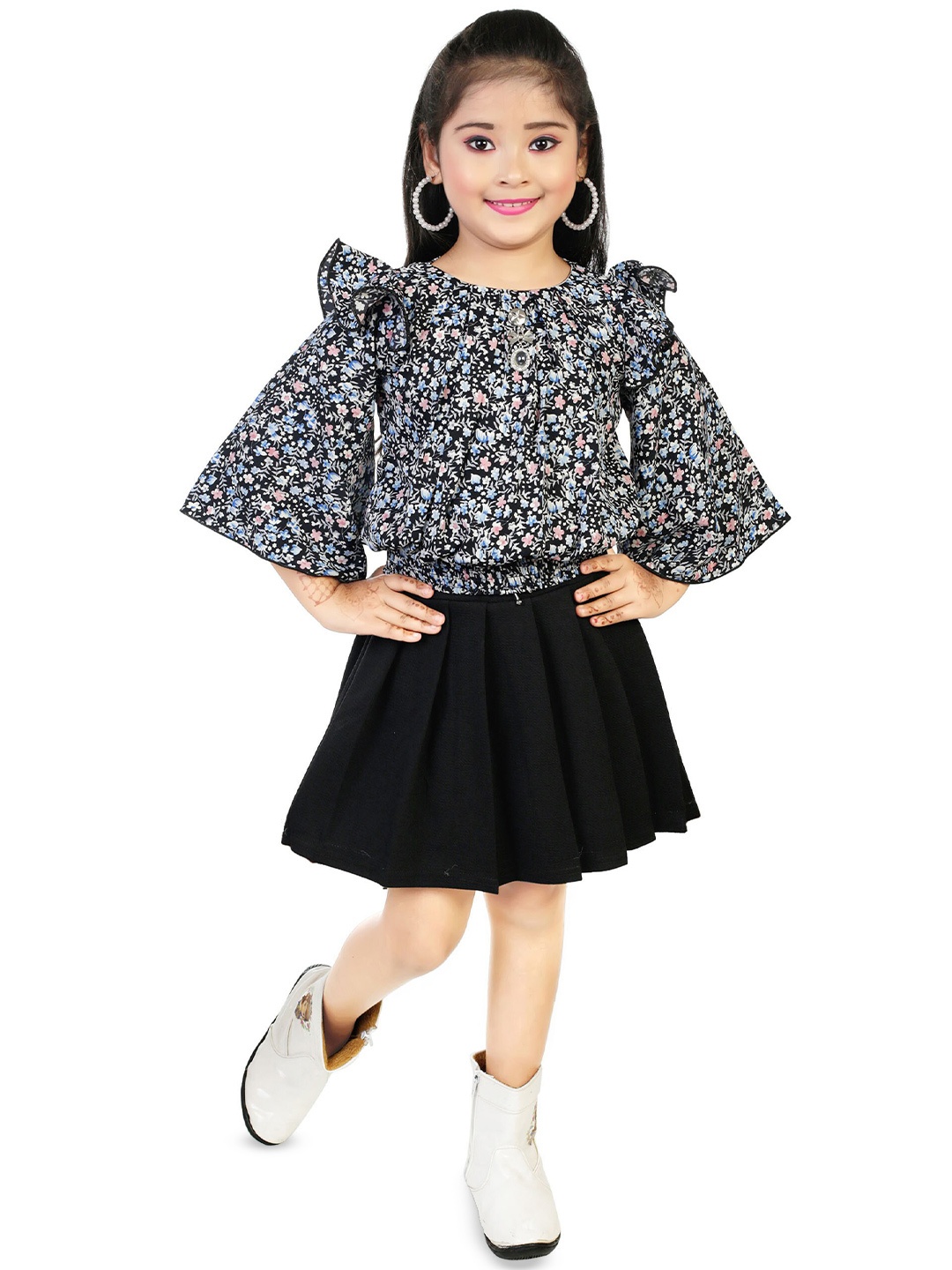 

BAESD Girls Floral Printed Top With Skirt, Black
