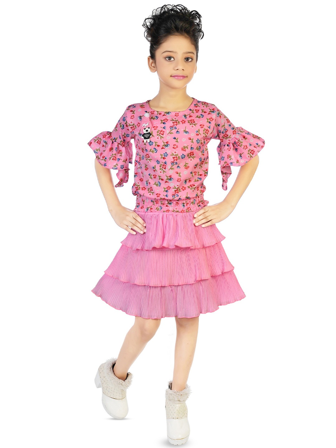 

BAESD Girls Floral Printed Top With Layered Skirt, Pink