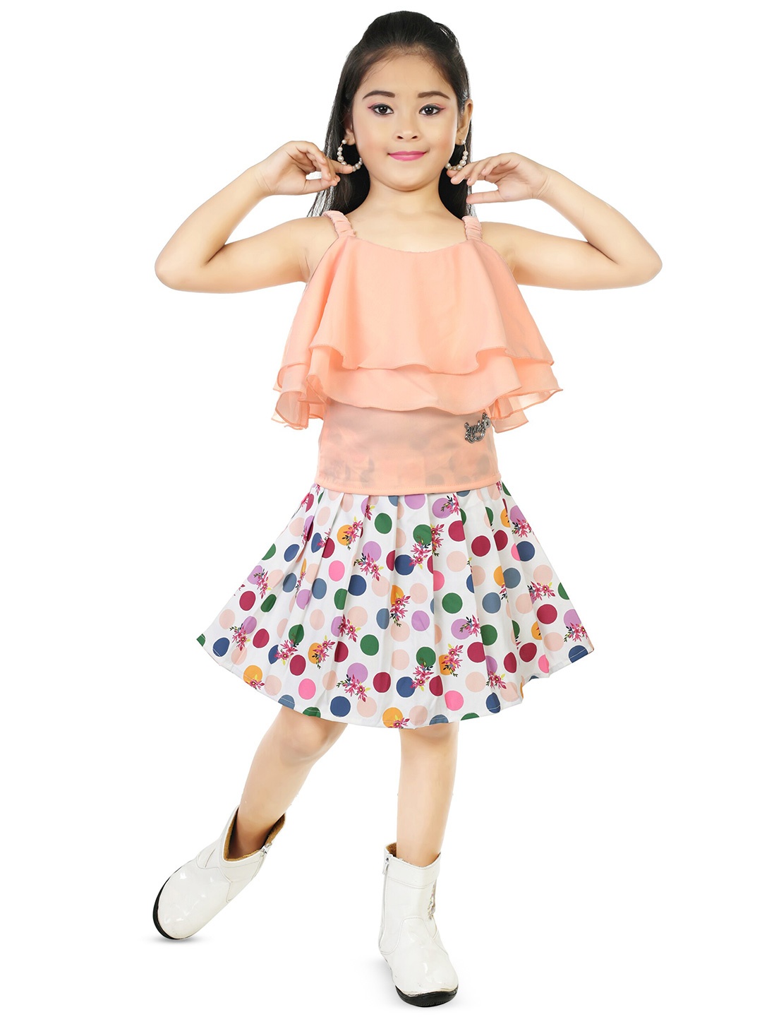 

BAESD Girls Layered Top With Printed Skirt, Peach