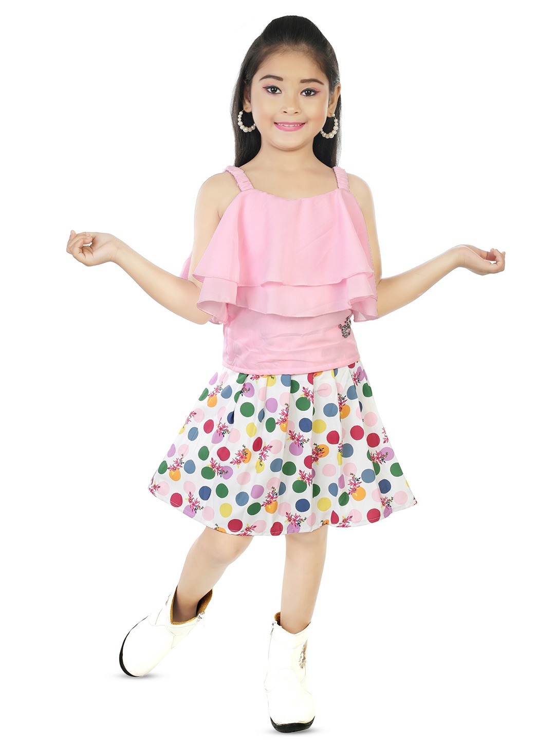 

BAESD Girls Layered Top With Printed Skirt, Pink
