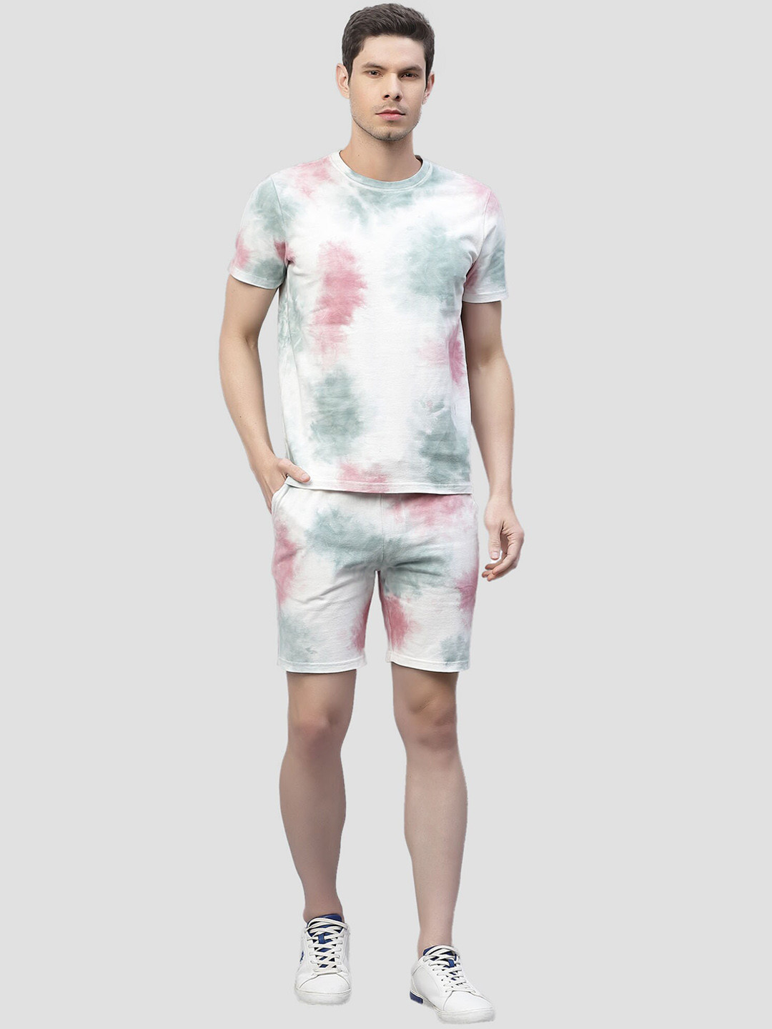 

Nimble Tie & Dye Printed Round Neck T-Shirt & Flared Shorts Co-Ords, White