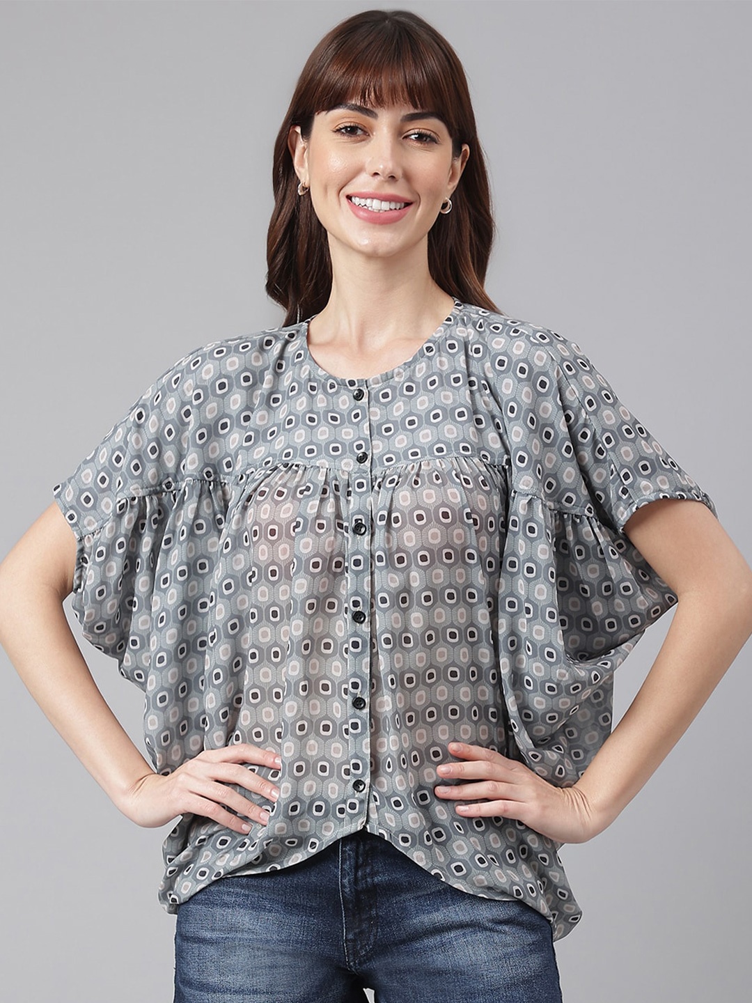 

Chemistry Print Round Neck Flared Sleeve Opaque Casual Top, Grey