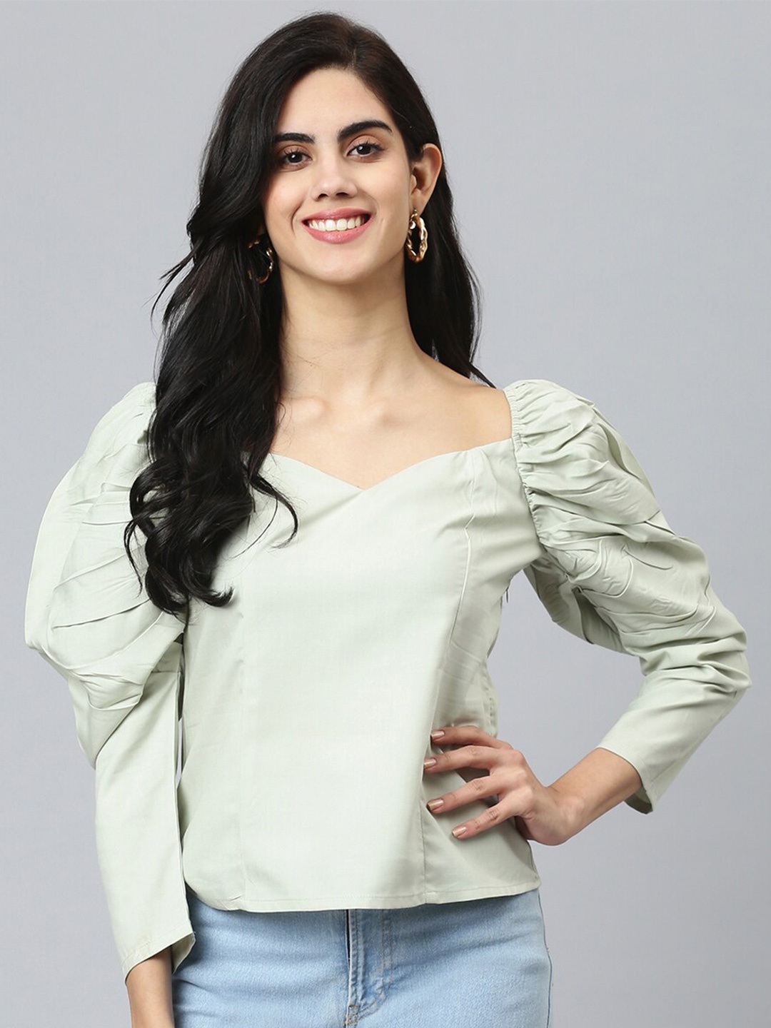

Chemistry Puff Sleeves Sweetheart Neck Casual Top, Green
