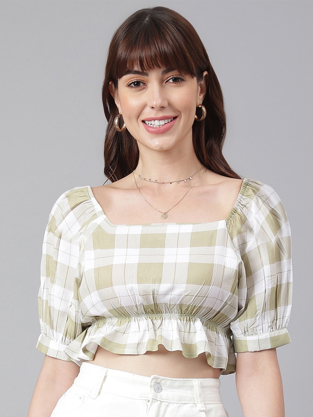 

Chemistry Olive Green Checked Square Neck Puff Sleeves Cinched Waist Crop Top