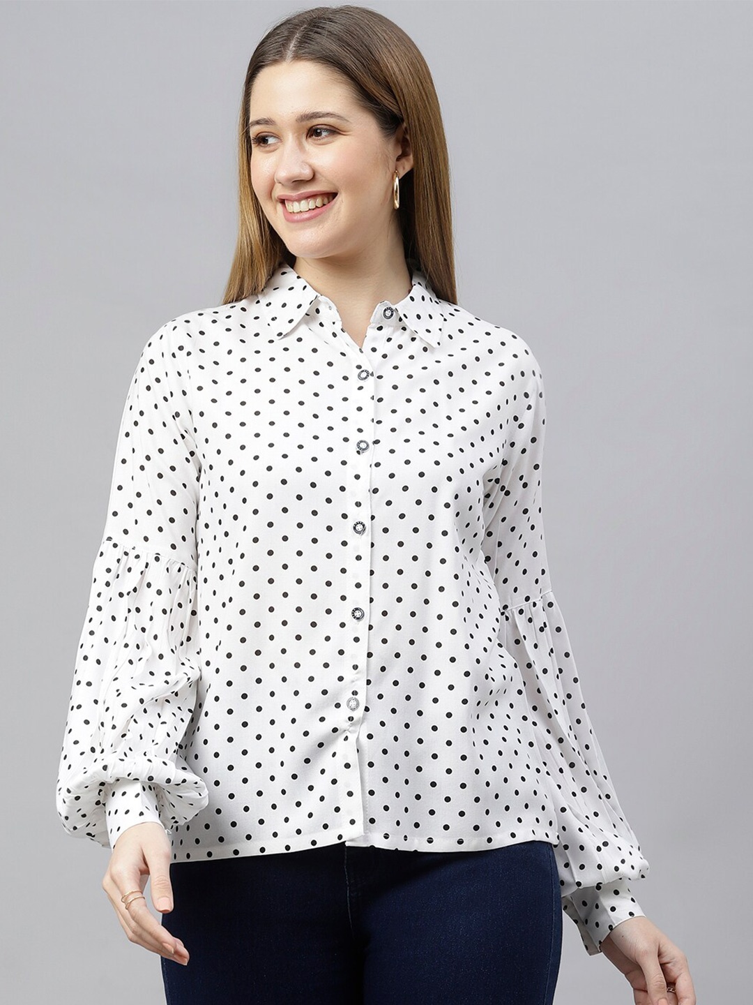 

Chemistry Polka Dot Print Shirt Collar Cuffed Sleeves Top, White