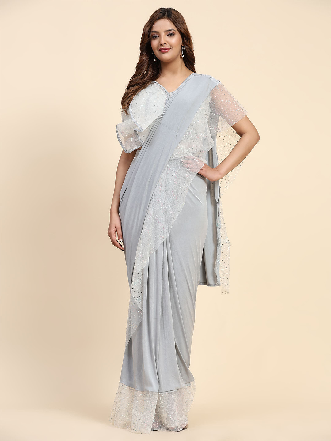 

AMOHA TRENDZ Embellished Beads and Stones Ready to Wear Saree, Grey