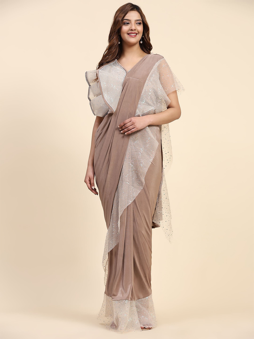 

AMOHA TRENDZ Embellished Beads and Stones Ruffled Border Ready to Wear Saree, Brown