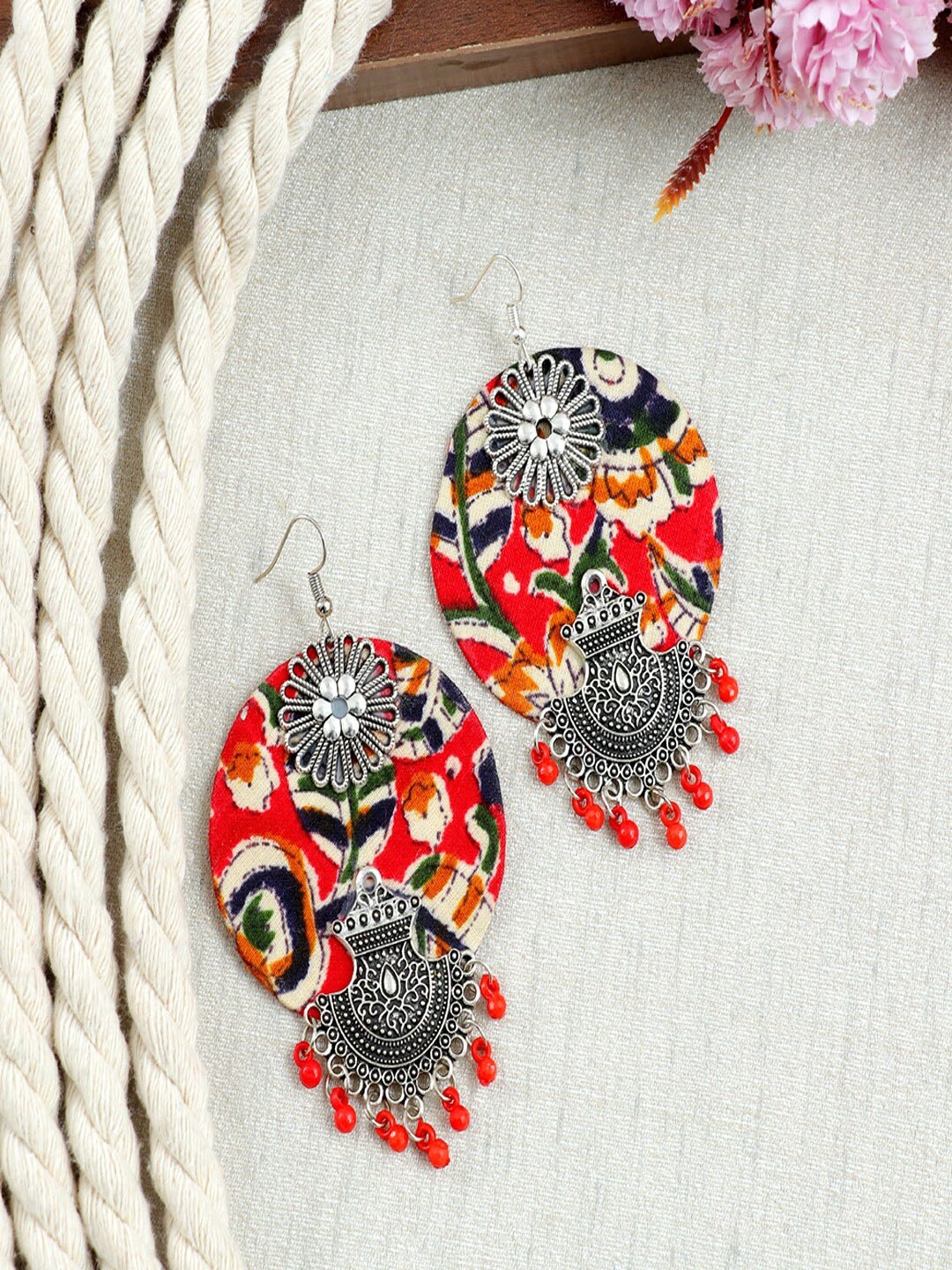 

UNIVERSITY TRENDZ Silver-Plated Beaded Classic Drop Earrings, Red