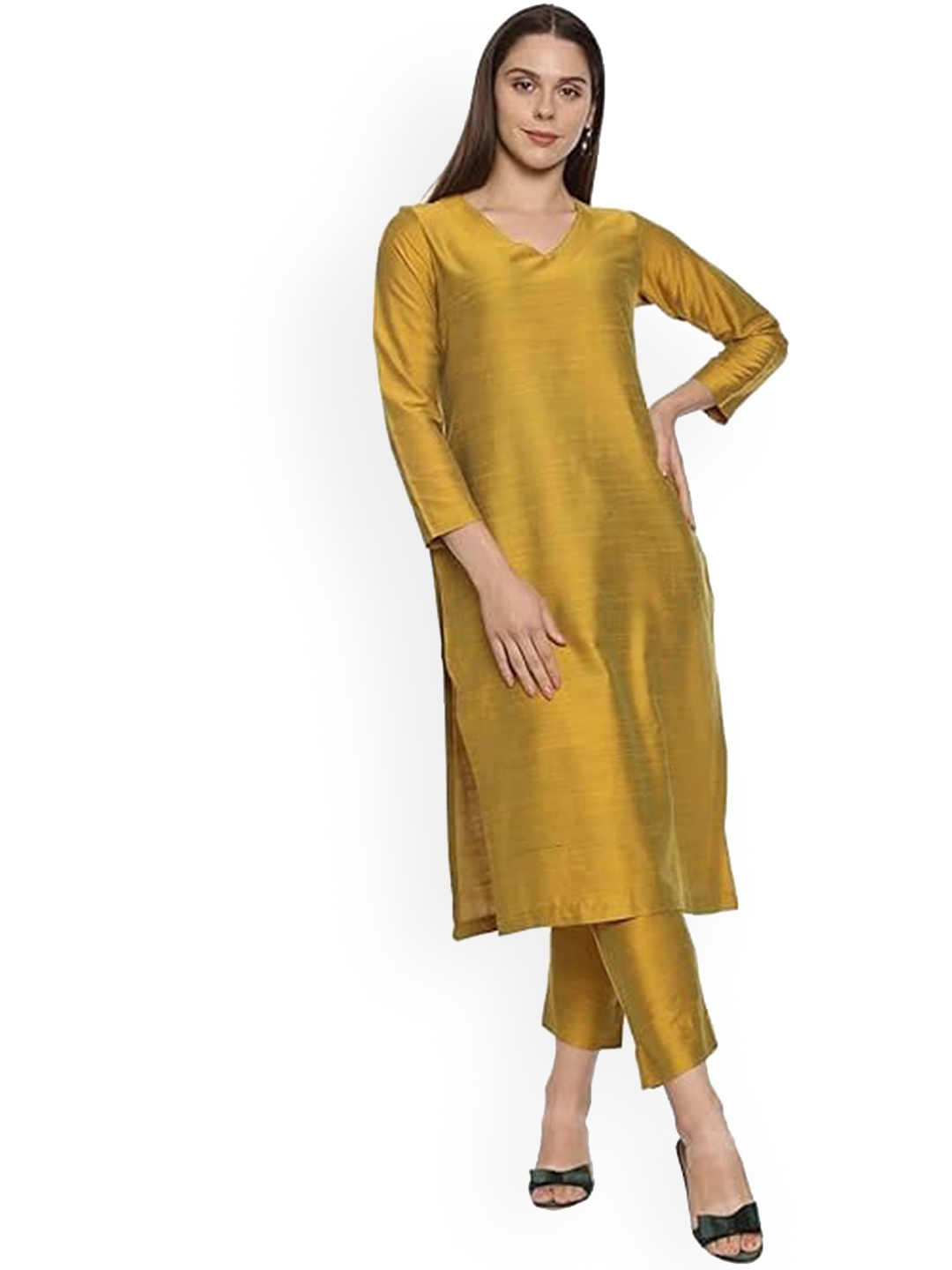 

CHANDERKASH Women Regular Pure Cotton Kurti with Trousers, Mustard