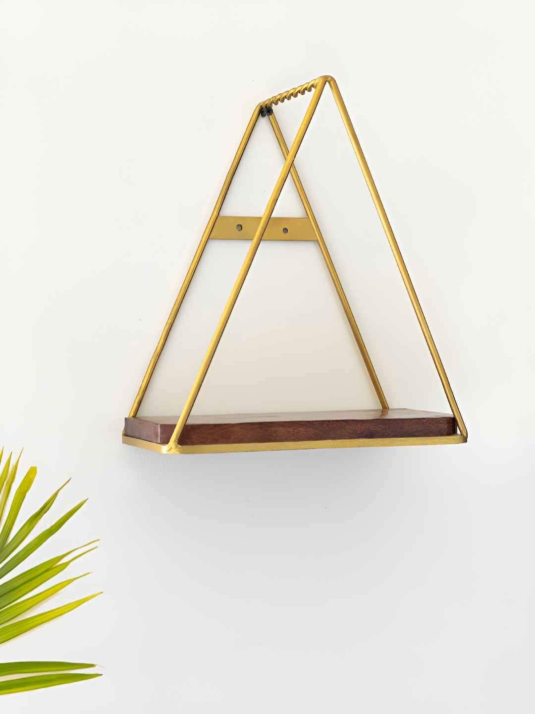 

ExclusiveLane Gold Toned & Brown Pyramid Floating Iron & Mango Wood Handcrafted Wall Shelf