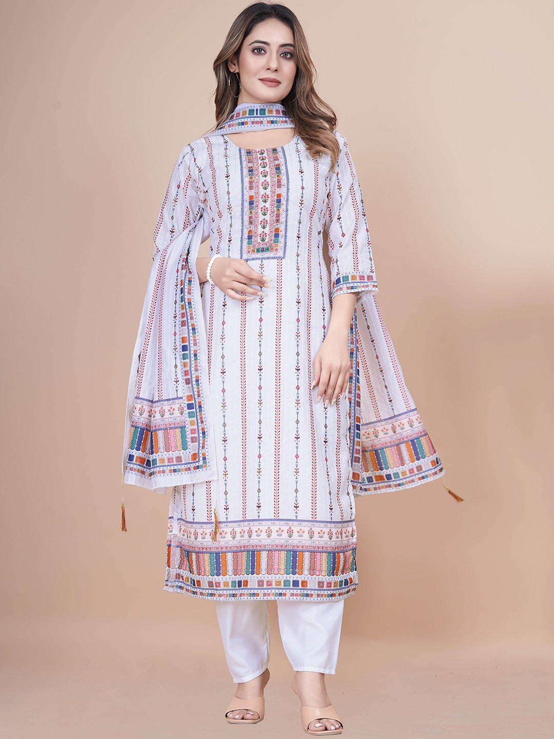 

WEAVETECH IMPEX Floral Printed Sequinned Straight Kurta with Pyjamas & Dupatta, White