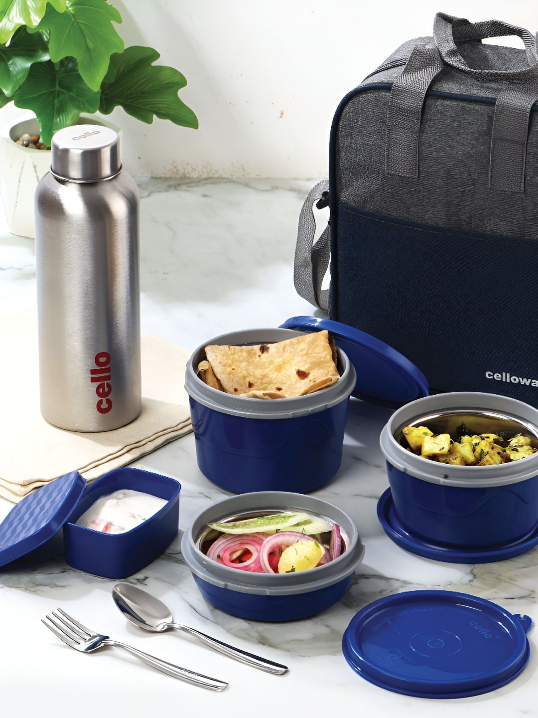 

Cello maxfresh Blue 5 Pieces Microwave Safe Optima Combo Lunch Box with Fabric Bag