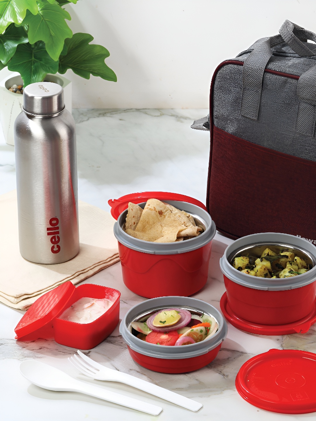 

Cello Max fresh Red & Grey 5 Pieces Microwave Safe Optima Combo Lunch Box with Fabric Bag