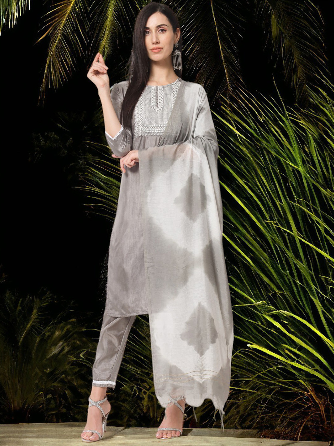 

MORLY Woven Design Embroidered Round Neck Straight Kurta With Trousers & Dupatta, Grey