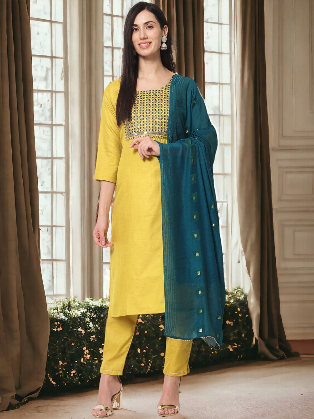 

MORLY Floral Embroidered Thread Work Straight Kurta With Trousers & Dupatta, Yellow