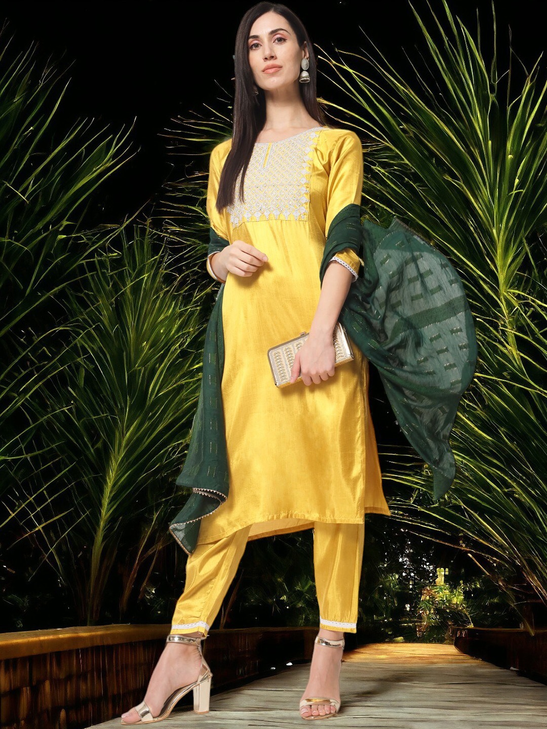 

MORLY Ethnic Motifs Yoke Design Sequinned Straight Kurta With Trousers & Dupatta, Yellow